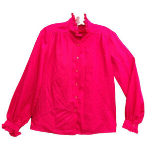Vintage‎ 70s Lady Manhattan Pink Red Damask Ruffle Cuffs Collar Button Blouse
